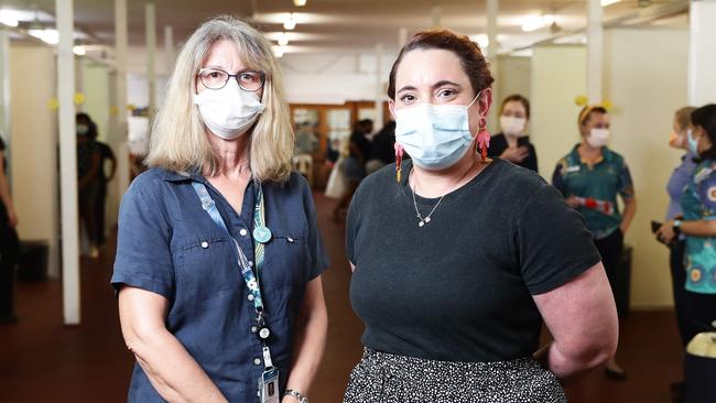 In January 2022, Queensland Health opened a new Covid-19 coronavirus and fever testing clinic downstairs at the De Jarlais function centre at the Cairns Showgrounds. Cairns and Hinterland Hospital and Health Service health incident controller Dr. Donna Goodman and Nursing Director Erin Howell inside the new clinic. Picture: Brendan Radke