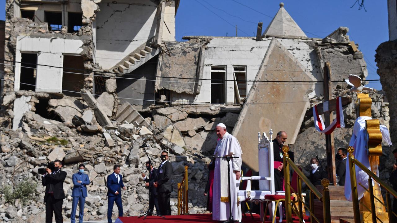 2021: Pope Francis in the northern city of Mosul during his historic Iraq tour. (Photo by Vincenzo PINTO / AFP)