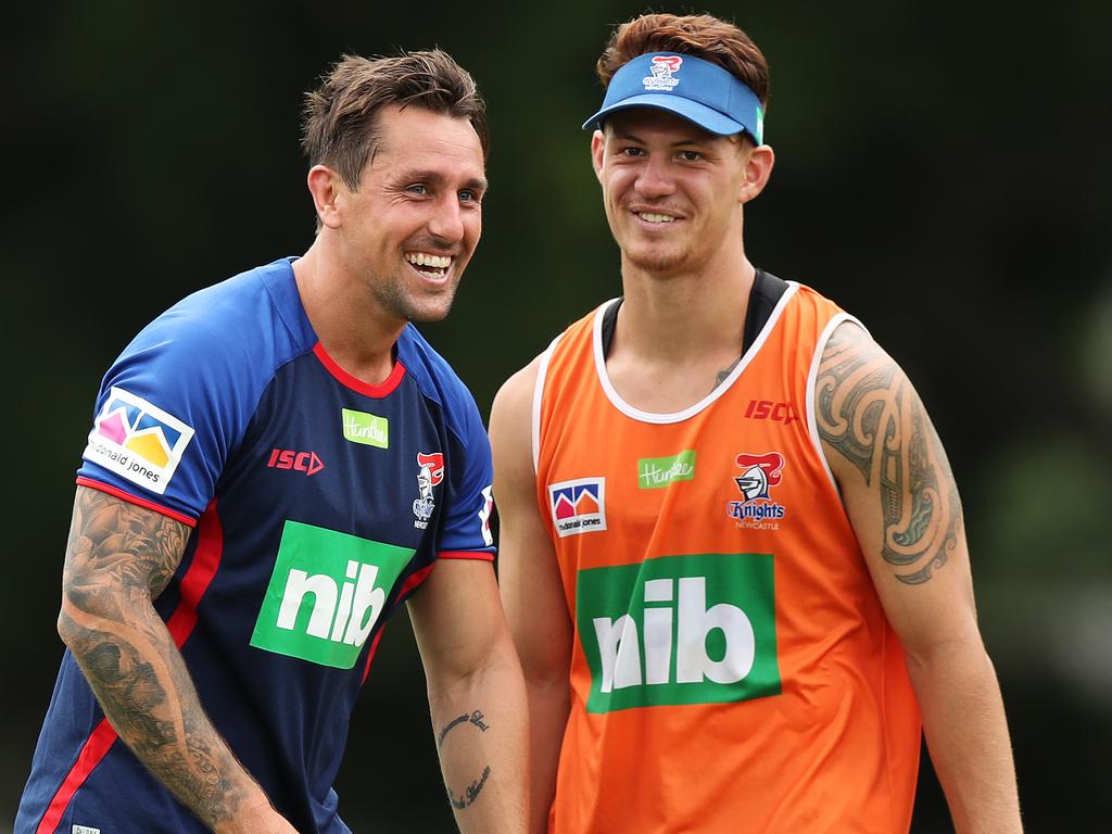 A young Kalyn Ponga with Mitchell Pearce at training.