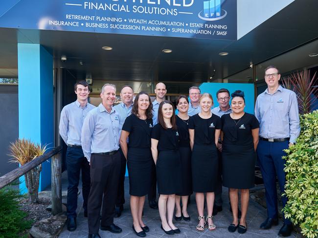 The Enlightened Financial Solutions Mackay team (front, from left): CEO/founder James Wortley, office manager Jodie Wood, administration assistants Cyndi Radford, Diane Wootton, Jessie Micallef. Back (from left): administration assistant Jacob Wheatley, certified financial planner Mike Thackray, financial planner Brendan Hughes, paraplanner Jason Elbourne and certified financial planner Mike McLe