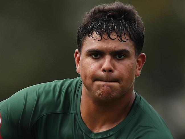 Latrell Mitchell and James Roberts during South Sydney NRL training at Redfern Oval, Sydney. Picture: Brett Costello