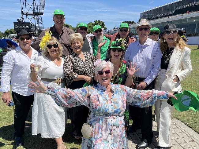 Jim, Pete, Peter, Steve, Jim, Wayne, Cath and Robert at the 2024 Oaks Day. Picture: Himangi Singh.