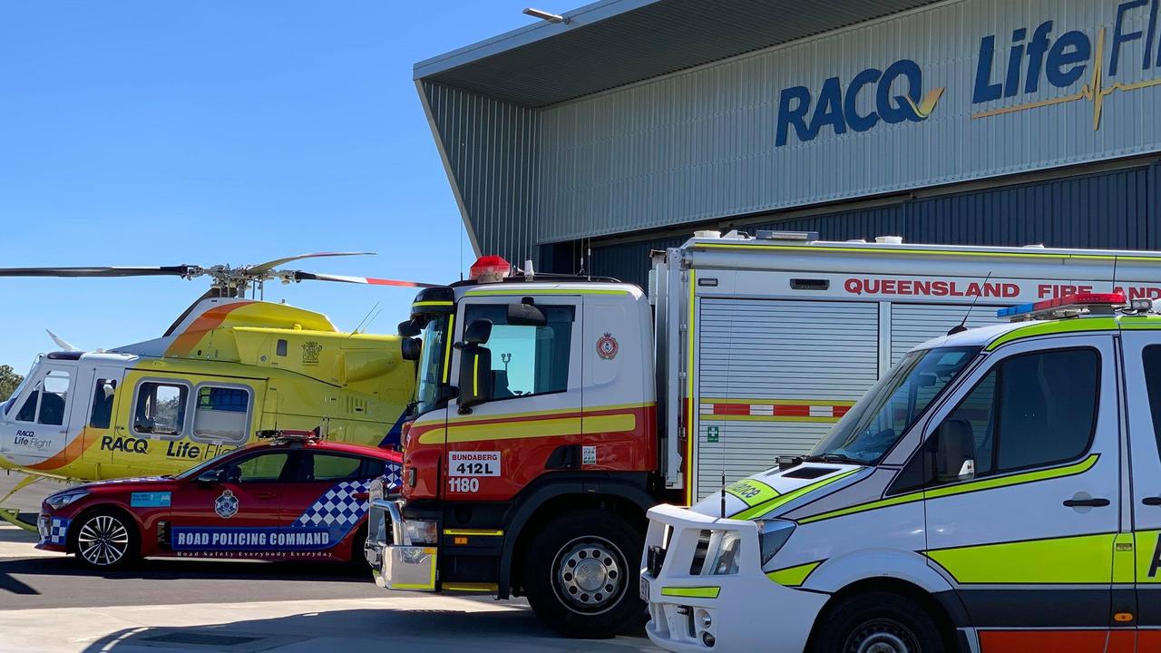 EMERGENCY CREWS ASSEMBLE: RACQ LifeFlight Rescue and emergency services join forces to launch Queensland Road Safety Week.