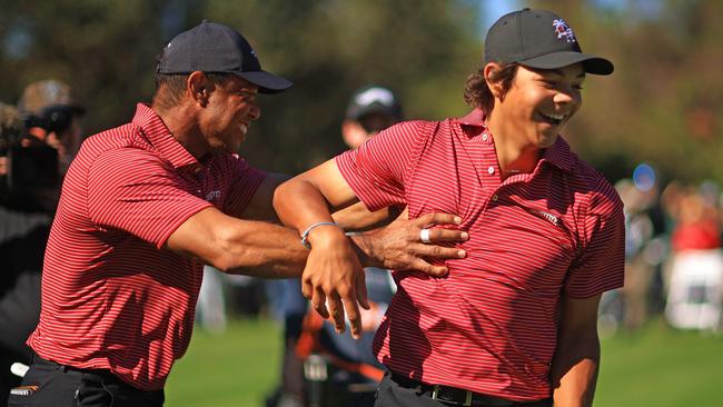 Tiger Woods was stoked for his son. (Photo by Mike Ehrmann/Getty Images)