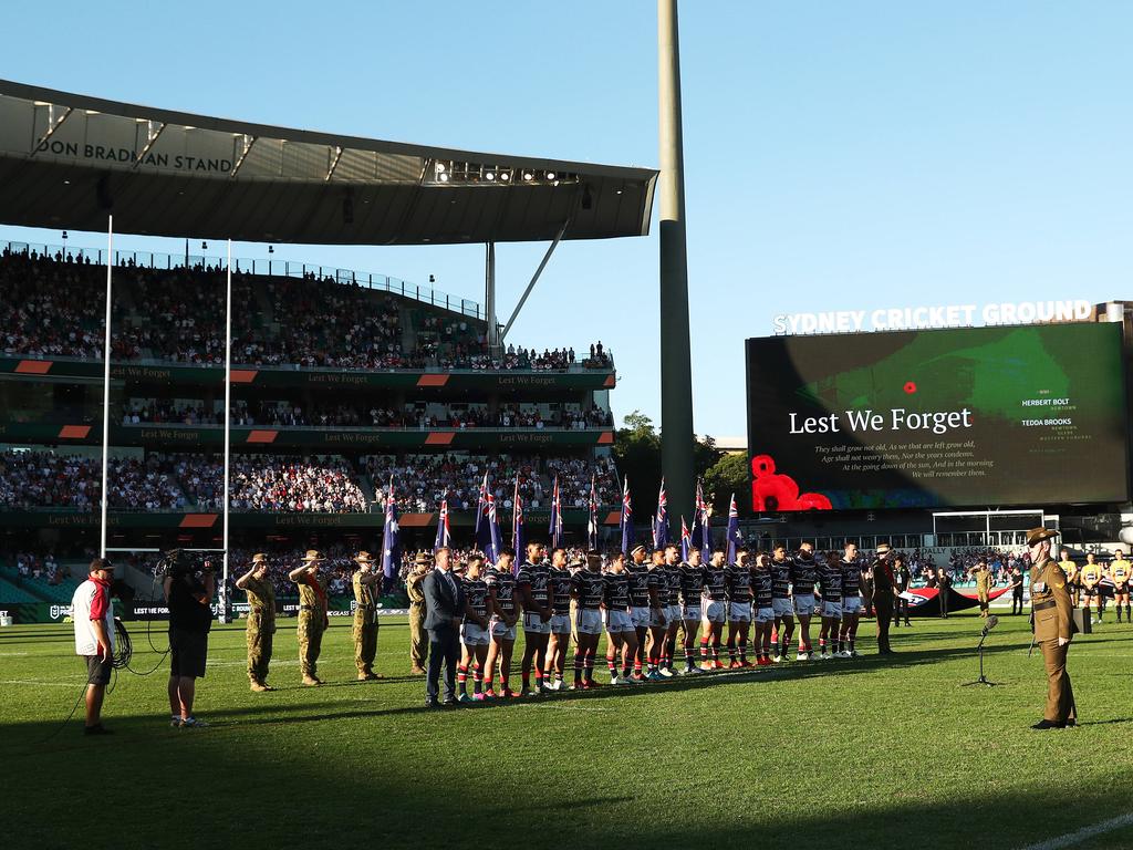 Pre match ceremonies for the NRL Anzac Day match at the SCG.