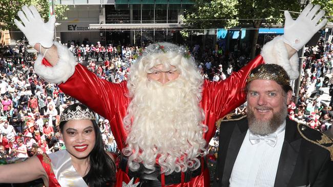 2023 National Pharmacies Christmas Pageant.. Santa on Town Hall Balcony, with Pageant King and Queen. Picture: Dean Martin