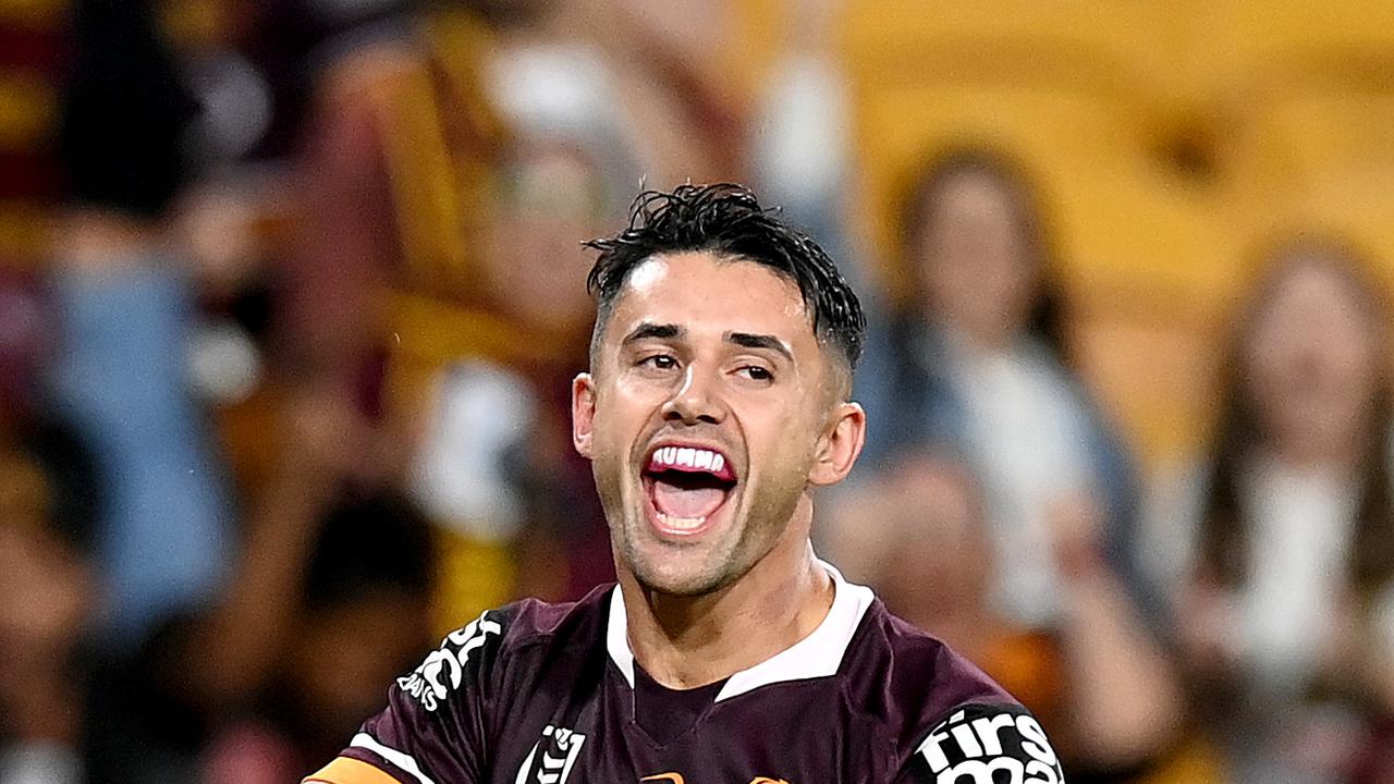 BRISBANE, AUSTRALIA - APRIL 30: Jesse Arthars of the Broncos celebrates scoring a try during the round 8 NRL match between the Brisbane Broncos and the Gold Coast Titans at Suncorp Stadium, on April 30, 2021, in Brisbane, Australia. (Photo by Bradley Kanaris/Getty Images)