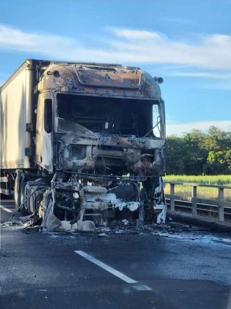 Charred remains of the truck which caught on fire near Burdekin Bridge, blocking the Bruce Highway. Picture: Supplied