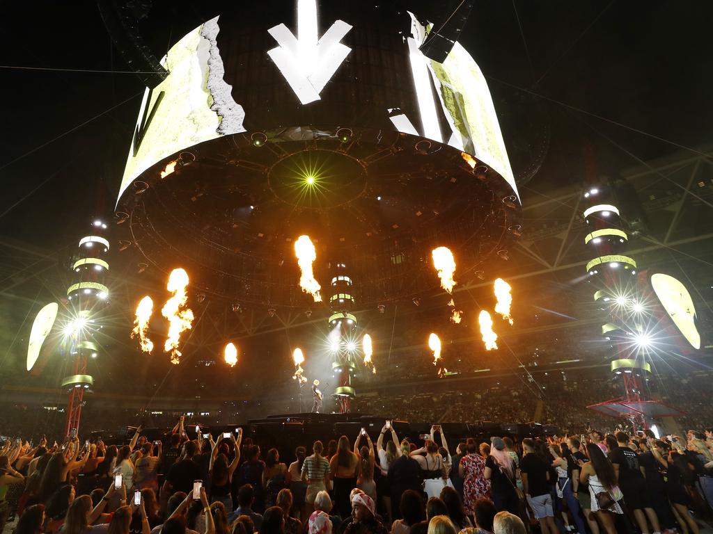 The Suncorp Stadium stage erupts at Ed Sheeran’s Brisbane concert on Friday night. Picture: Josh Woning