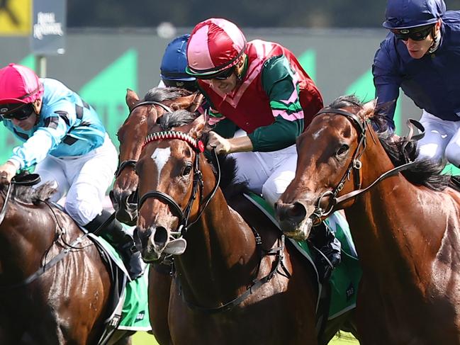 SYDNEY, AUSTRALIA - FEBRUARY 17: Jason Collett riding Kimochi   wins Race 8 TAB Light Fingers Stakes during "Apollo Stakes Day" - Sydney Racing at Royal Randwick Racecourse on February 17, 2024 in Sydney, Australia. (Photo by Jeremy Ng/Getty Images)