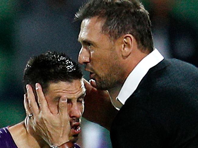 Bruno Fornaroli of Perth Glory celebrates scoring a goal with Tony Popovic, Manager of Perth Glory  during the Round 7 A-League match between Perth Glory and Sydney FC at HBF Park in Perth, Saturday, November 23, 2019. (AAP Image/Gary Day) NO ARCHIVING, EDITORIAL USE ONLY