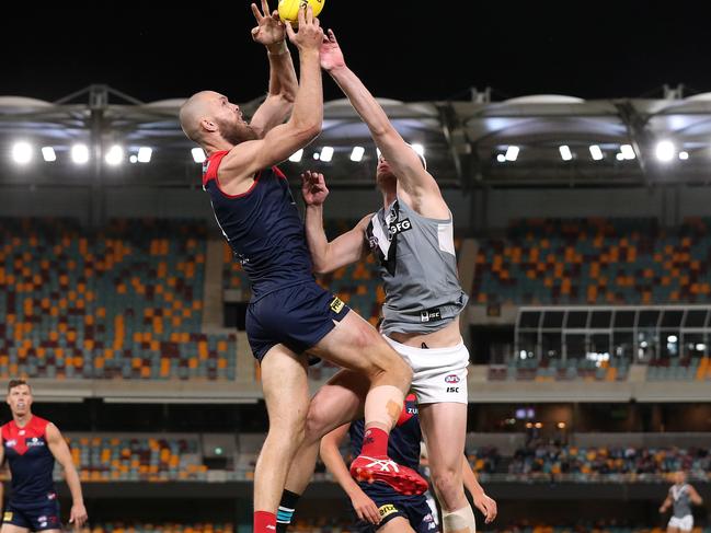 AFL Round 9. Melbourne vs Port Adelaide at the Gabba, Brisbane. 30/07/2020.  Max Gawn of the Demons takes a mark in first quarter    . Pic: Michael Klein