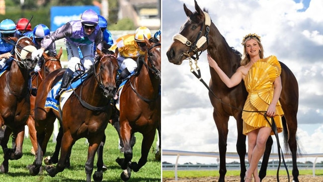 Jamie Kah dresses up for the spring carnival (right) with Hayasugi, who she rode to win the Blue Diamond Stakes (left). Pictures: Pat Scala/Racing Photos and Jason Edwards