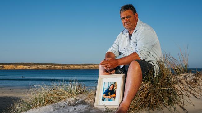 Port Lincoln father Adrian Ryan at Fishery Bay, where his son Paddy was learning to surf before his death by Sudden Sniffing Death Syndrome. Picture Robert Lang