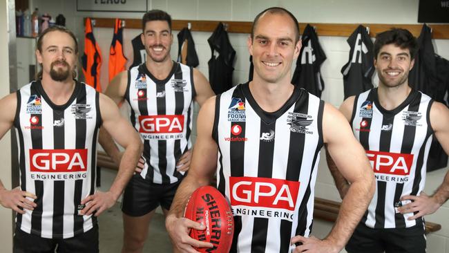 Payneham’s Brett Ancell, captain Jonathan Giannini, new playing coach Jace Bode and Anthony Giannini at Payneham Oval. Picture: Dean Martin