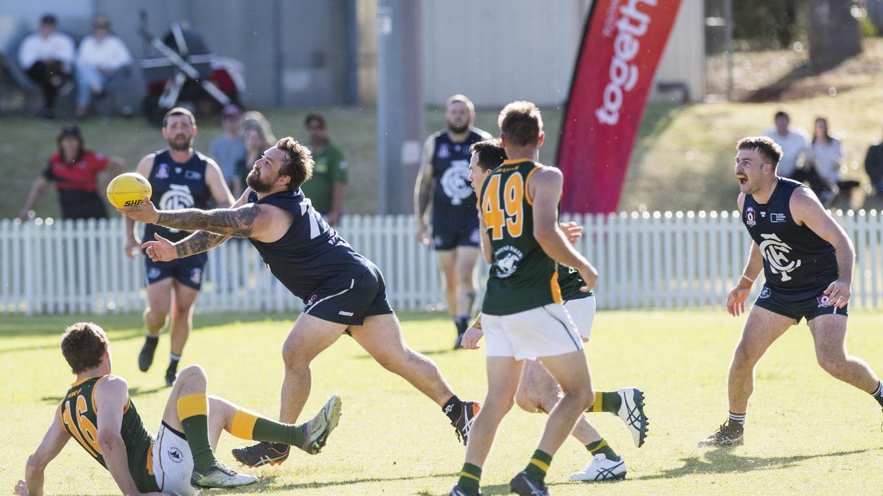 Hayden Smith of Coolaroo against Goondiwindi Hawks in AFL Darling Downs Allied Cup senior men grand final at Rockville Park, Saturday, September 2, 2023. Picture: Kevin Farmer