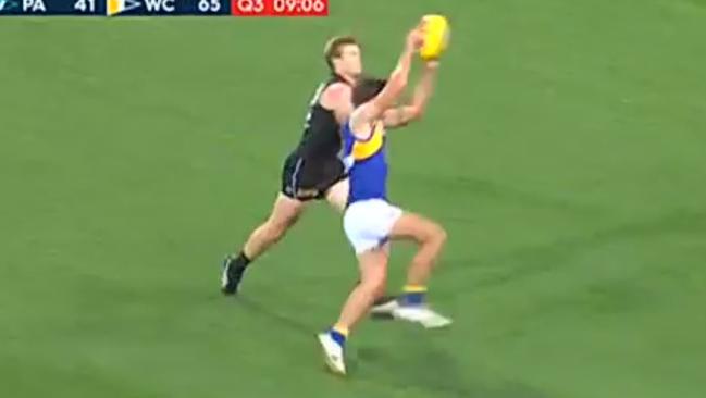 Andrew Gaff struck by Port Adelaide's Tom Jonas. Picture: Fox Footy