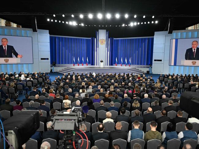 Russian President Vladimir Putin delivers his annual state of the nation address in central Moscow on February 21, 2023. Picture: AFP