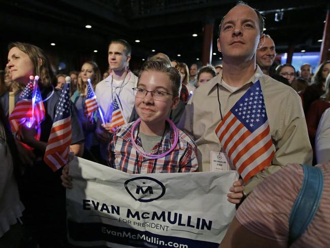 Supporters listen to Independent presidential candidate Evan McMullin speak during a election night watch party after Republican Donald Trump won Utah Tuesday, Nov. 8, 2016, in Salt Lake City. Trump won Utah's six electoral votes. (AP Photo/Rick Bowmer)