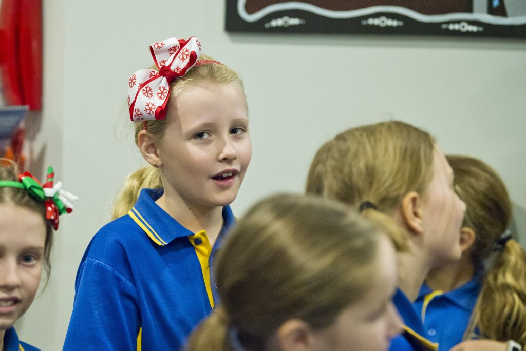 Millie Goldsworthy as Mater Dei Primary School Yr 4 students sing Christmas carols in the wards of St Vincent's Private Hospital, Friday, November 29, 2019. Picture: Kevin Farmer