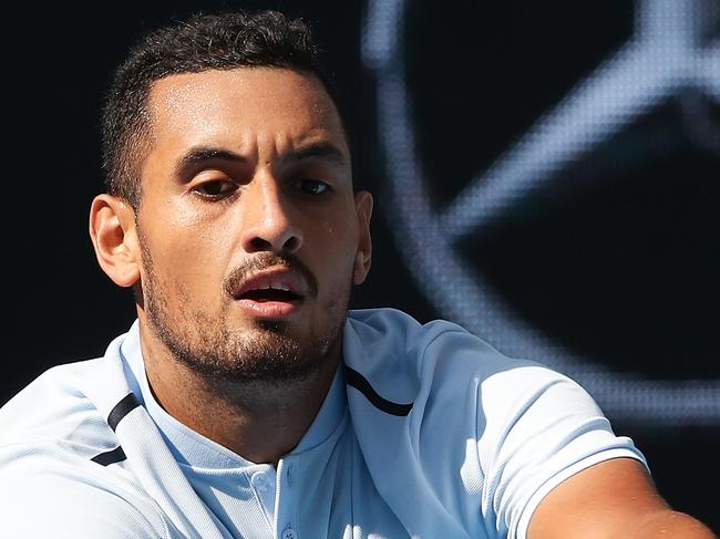 BEIJING, CHINA - OCTOBER 04:  Nick Kyrgios of Australia returns a shot against Mischa Zverev of Germany during the Men's singles second round on day five of 2017 China Open at the China National Tennis Centre on October 4, 2017 in Beijing, China.  (Photo by Lintao Zhang/Getty Images)