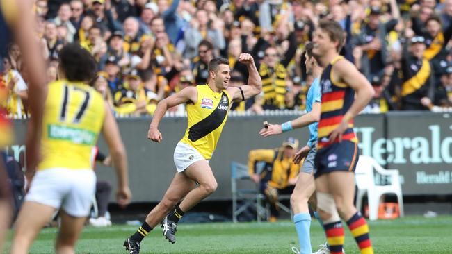 Tigers young gun Jack Graham kicks one his three goals in last year’s AFL Grand Final against the Crows at the MCG. Picture: Alex Coppel.