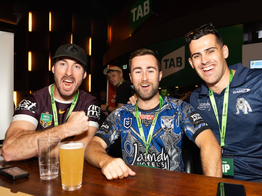 NRL fans Mitchell Winter, Andrew Court and Matthew Masetto get excited at the SuperCoach Viva non-Vegas Party at the Star Casino in Sydney. Picture: Tom Parrish