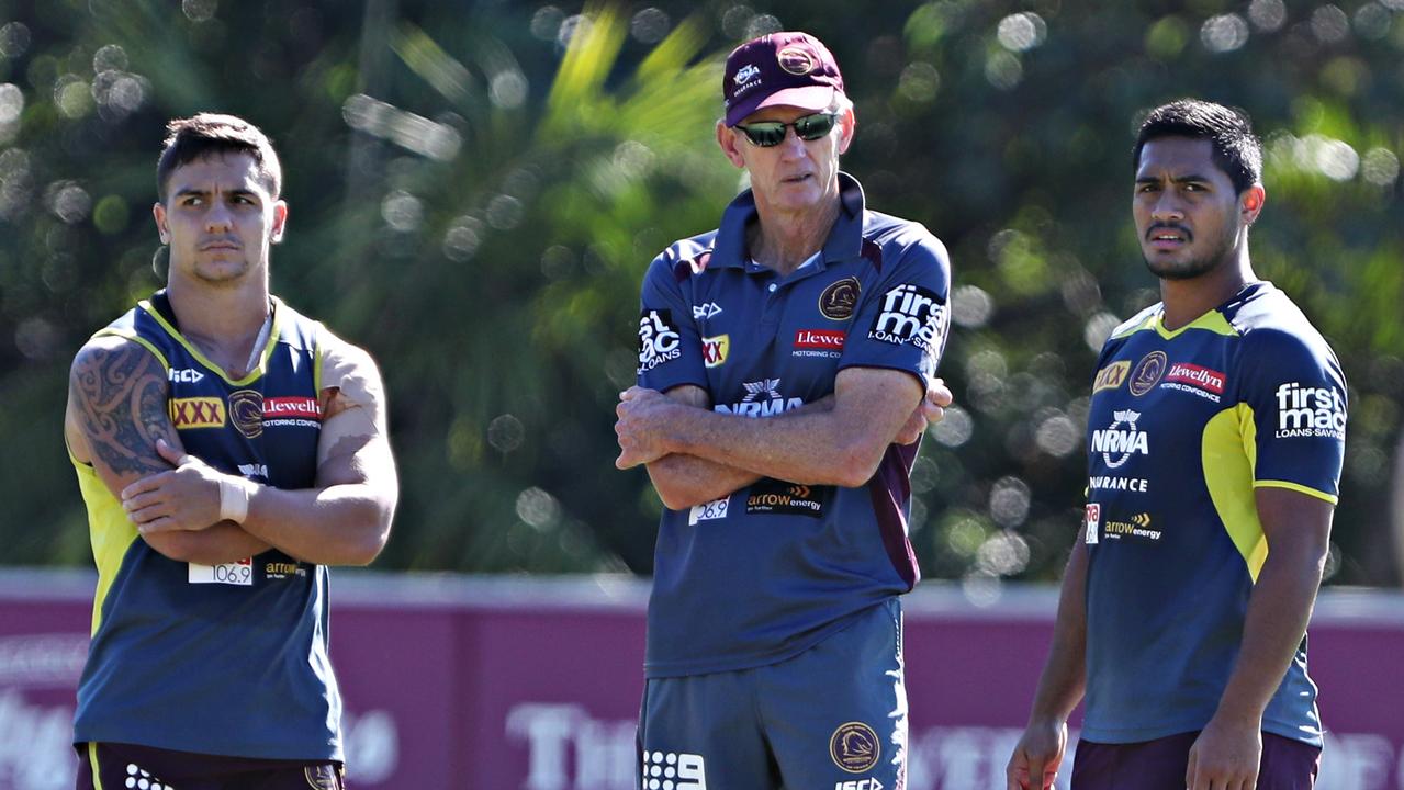 Wayne Bennett with kodi Nikorima and Anthony Milford at Broncos Training. Pic Annette Dew