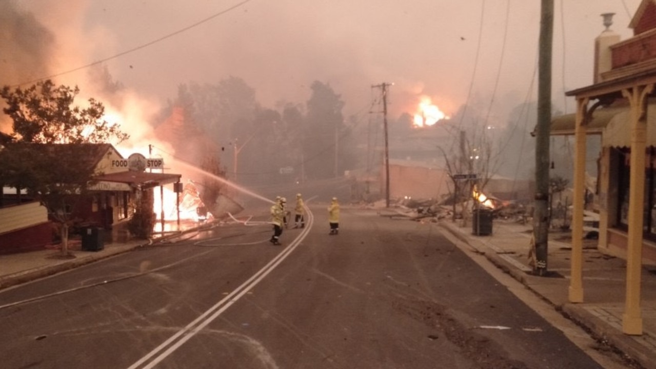 Buildings have been burnt down after a fire tore through the centre of Cobargo on Tuesday morning. Picture: Neil Crawley