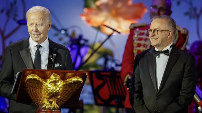 President Joe Biden and Prime Minister of Australia Anthony Albanese toast before the start of the state dinner at the White House.