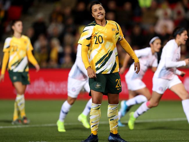 Sam Kerr of the Matildas reacts after missing a penalty during the International friendly match between Australia and Chile at Coopers Stadium in Adelaide, Tuesday, November 12, 2019. (AAP Image/James Elsby) NO ARCHIVING, EDITORIAL USE ONLY