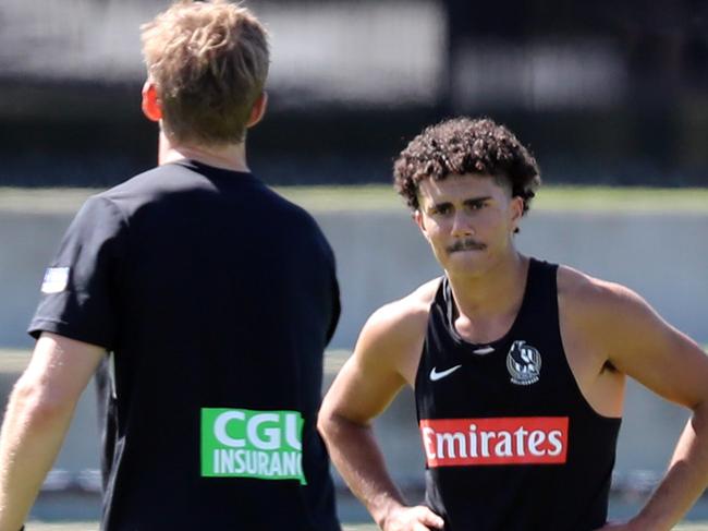 Collingwood AFL training at Olympic Park in Melbourne. Captain Scott Pendlebury with the team. Picture: Alex Coppel.