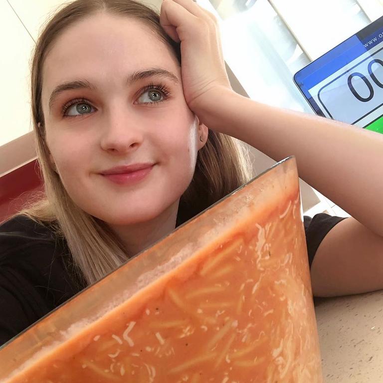 Most recently, the 26-year-old smashed a staggering 4.5 kilograms of spaghetti in 12 minutes, a challenge she said she wouldn’t do again. Picture: Instagram/Nela Zisser