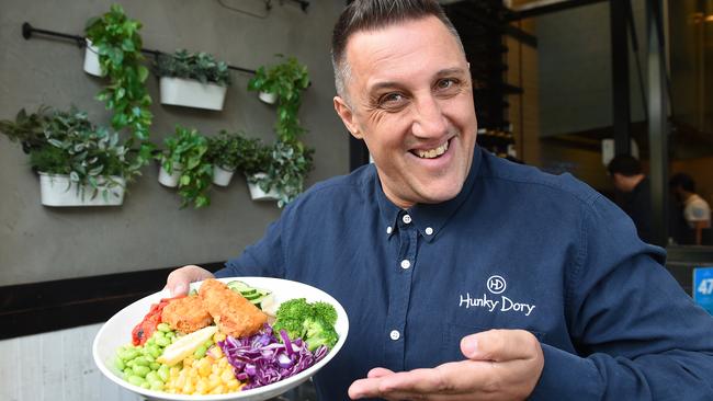 Hunky Dory Ringwood manager Jimmy Rammos with one of the restaurant’s ‘fishless’ fish menu items. Picture: Josie Hayden