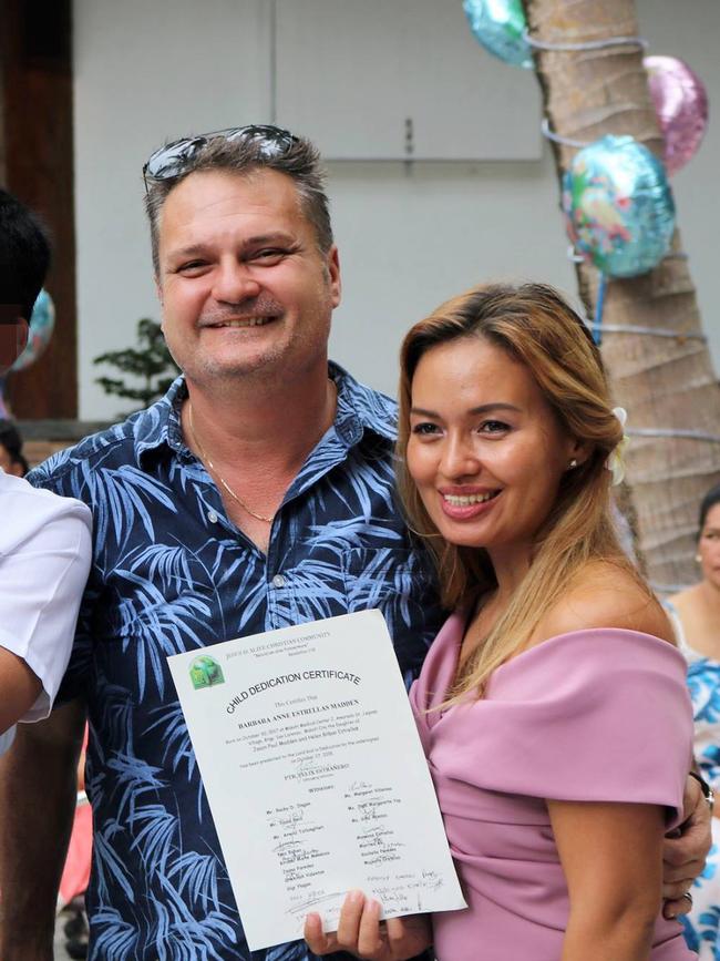 Jason Madden (L) held a lavish christening and first birthday party for the daughter he shares with new wife Helen (R) at his water park in the Philippines. Picture: Supplied.