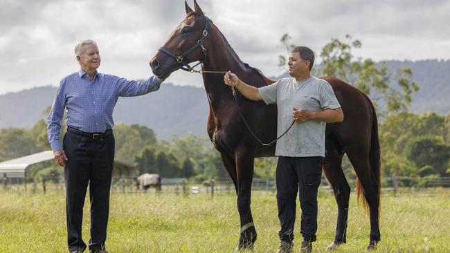 Kevin Seymour with Leap to Fame and trainer/driver Grant Dixon. Picture: Glenn Hunt