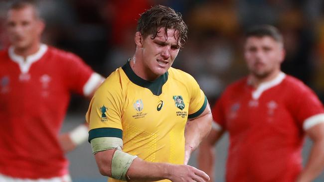 CHOFU, JAPAN - SEPTEMBER 29:  Michael Hooper, the Australia captain looks dejected as he leaves the field after their defeat during the Rugby World Cup 2019 Group D game between Australia and Wales at Tokyo Stadium on September 29, 2019 in Chofu, Tokyo, Japan. (Photo by David Rogers/Getty Images)