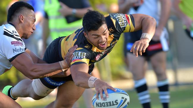 Sunshine Coast Falcons play against Souths Logan in the Intrust Super Cup Round 11. Falcons winger Tony Tumusa scores a try in the corner. Photo: Warren Lynam