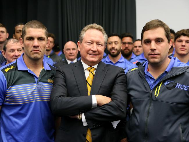 Western Force captain Matt Hodgson, Andrew Forrest and coach David Wessels. Picture: Colin Murty