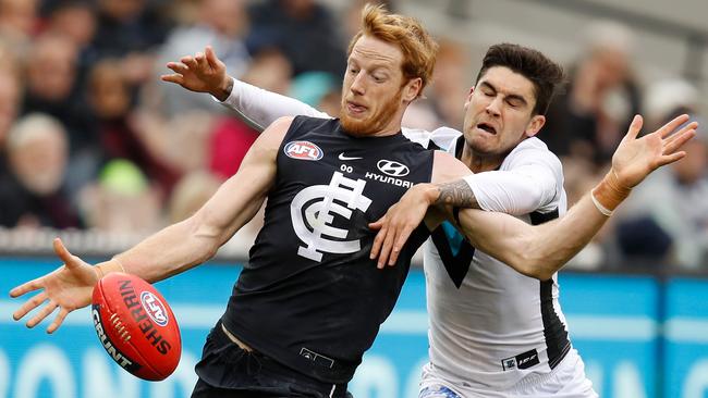 Andrew Phillips provides ruck security for the Bombers after crossing from Carlton. Picture: AFL Media/Getty Images