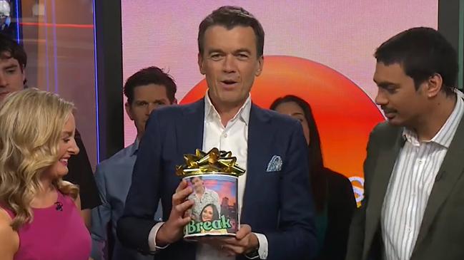 ABC presenters Stephanie Ferrier and Michael Rowland farewelling Tony Armstrong on News Breakfast.
