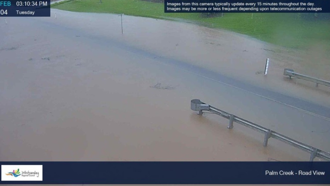 Conway Rd at Palm Creek is underwater as of 3.10pm Tuesday, February 4, 2025 as the Whitsundays is soaked. Image: Whitsunday Regional Council flood cameras