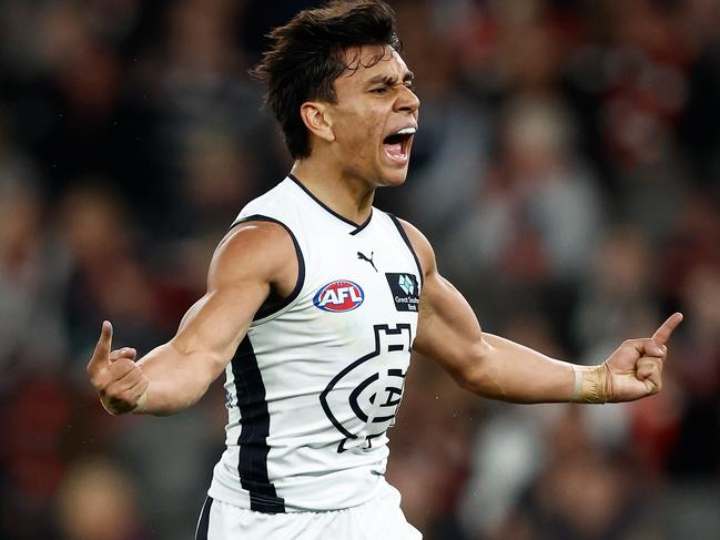 MELBOURNE, AUSTRALIA – AUGUST 6: Jesse Motlop of the Blues celebrates a goal during the 2023 AFL Round 21 match between the St Kilda Saints and the Carlton Blues at Marvel Stadium on August 6, 2023 in Melbourne, Australia. (Photo by Michael Willson/AFL Photos via Getty Images)