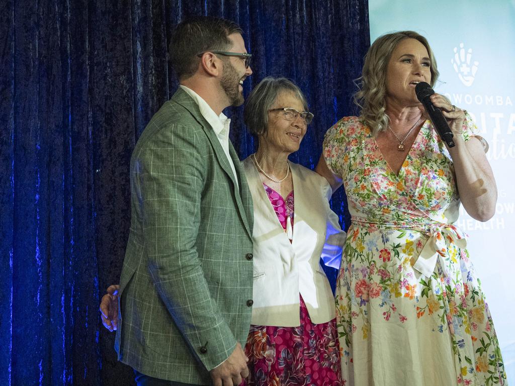 Roslyn Reilly (centre), winner of the Hogans Family Jewellers Diamond Draw, on stage with Lachlan Hogan and Alison Kennedy of Toowoomba Hospital Foundation at the Ladies Diamond Luncheon at The Goods Shed, Friday, October 11, 2024. Picture: Kevin Farmer