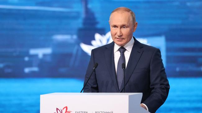 Vladimir Putin addresses the Eastern Economic Forum in Vladivostok on Wednesday. Picture: AFP