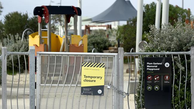 The Plum Garland Memorial Playground at Albert Park has been been closed after the latest COVID lockdown. Picture: Andrew Henshaw