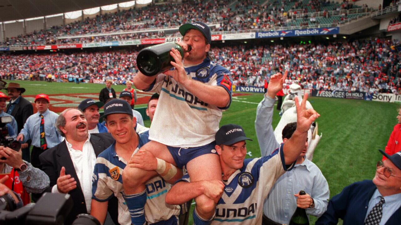 Retiring Bulldogs legend Terry Lamb celebrates the 1995 Grand Final.