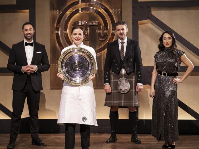 Emelia Jackson Crowned MasterChef Australia, "Back to Win" Winner 2020 with judges Andy Allen, Jock Zonfrillo and Melissa Leong. Picture: Channel 10