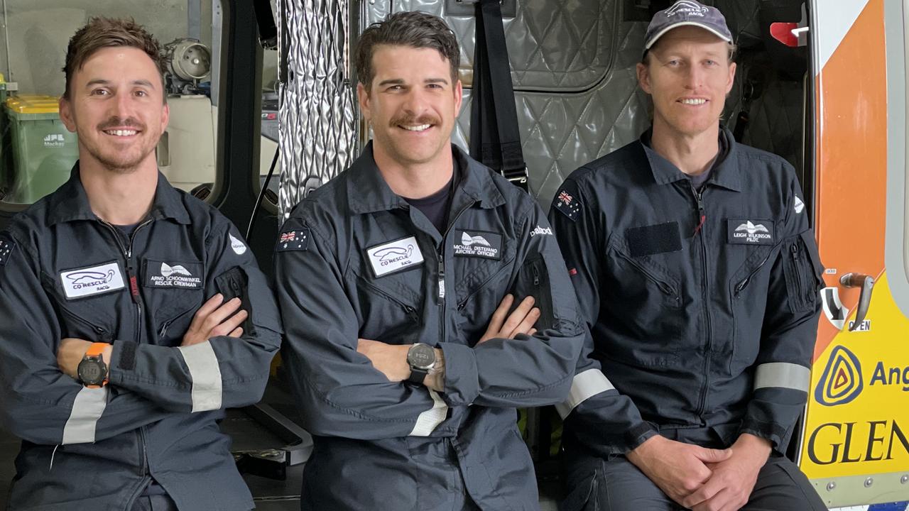 RACQ CQ Rescue crew members Arno Schoonwinkle, Michael DiStefano and pilot Owen Maitland. Picture: Janessa Ekert