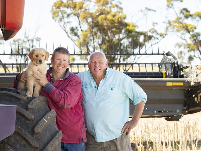 CROPS: John Ferrier Harvest John Ferrier at Birchip has started harvesting canola and has three students from Dookie ag college there helping him.PICTURED: L-R David and John Ferrier with Lotty the Golden Retriever puppy.PICTURE: ZOE PHILLIPS
